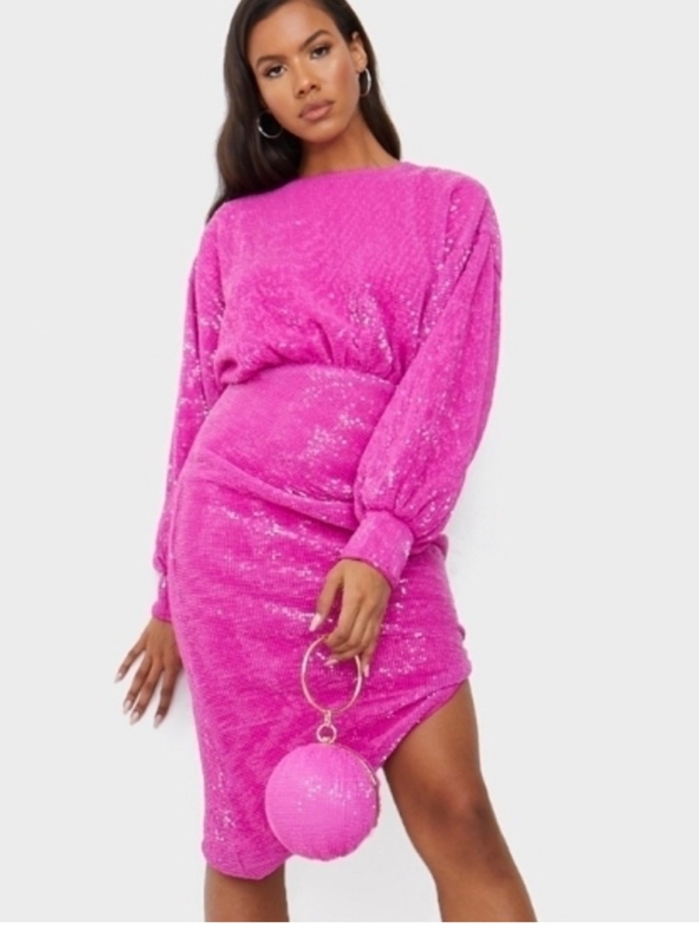 PrettyLittleThing NWT Hot Pink Sequin Open Back Balloon Sleeve Midi Dress Sz 10